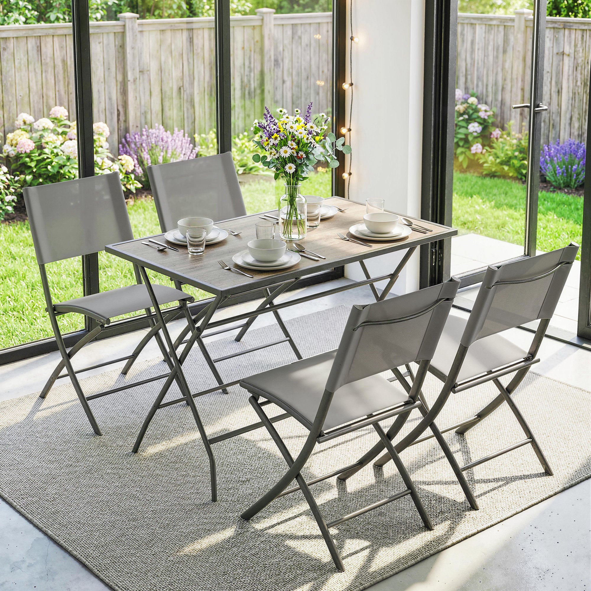 5-Piece Folding Garden Dining Set – Gray Wood-Look Table with 4 Breathable Mesh Chairs, Space-Saving Weather-Resistant Patio Set