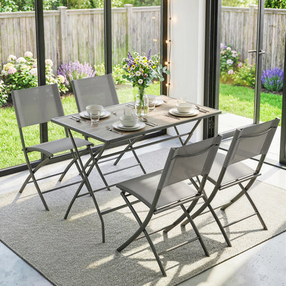 5-Piece Folding Garden Dining Set – Gray Wood-Look Table with 4 Breathable Mesh Chairs, Space-Saving Weather-Resistant Patio Set
