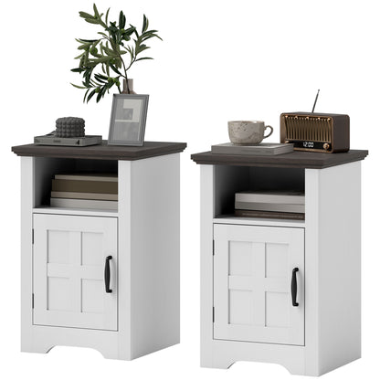 Set of 2 Side Tables for Living Room Nightstands with Barn-Style Door and Open Shelf Small Rustic Coffee Tables for Bedroom White