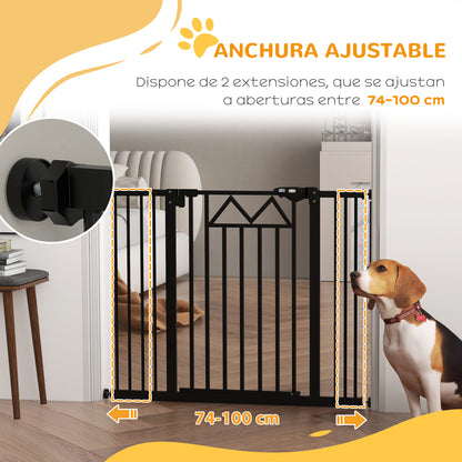 Adjustable Safety Barrier 74-100 cm Pet Gate with Automatic Lock Double Locking System and 2 Extensions 7/14cm for Doorway Hallway Stairway Black