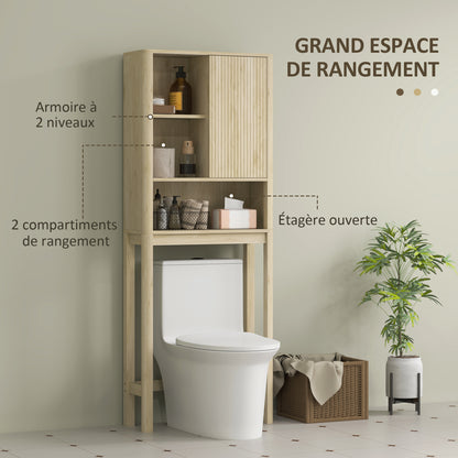 Over the Toilet Storage Cabinet Bathroom Storage Cabinet with Sliding Door, Compartments, and Adjustable Shelf, 65 x 25 x 170 cm, Natural Wood