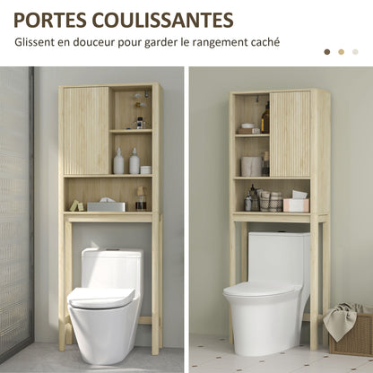 Over the Toilet Storage Cabinet Bathroom Storage Cabinet with Sliding Door, Compartments, and Adjustable Shelf, 65 x 25 x 170 cm, Natural Wood