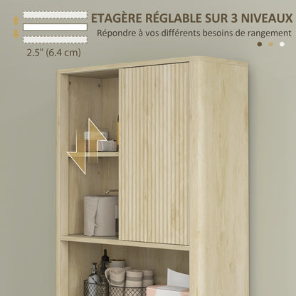 Over the Toilet Storage Cabinet Bathroom Storage Cabinet with Sliding Door, Compartments, and Adjustable Shelf, 65 x 25 x 170 cm, Natural Wood