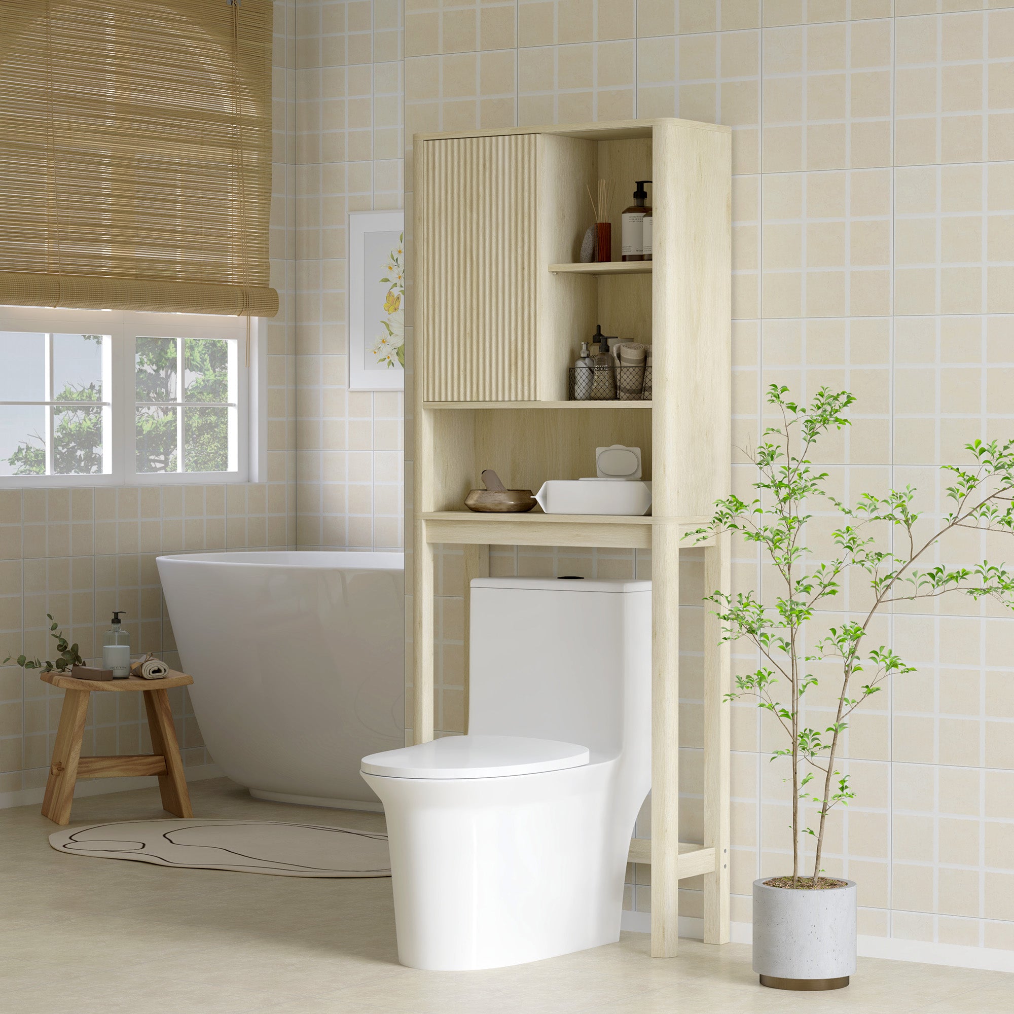 Over the Toilet Storage Cabinet Bathroom Storage Cabinet with Sliding Door, Compartments, and Adjustable Shelf, 65 x 25 x 170 cm, Natural Wood