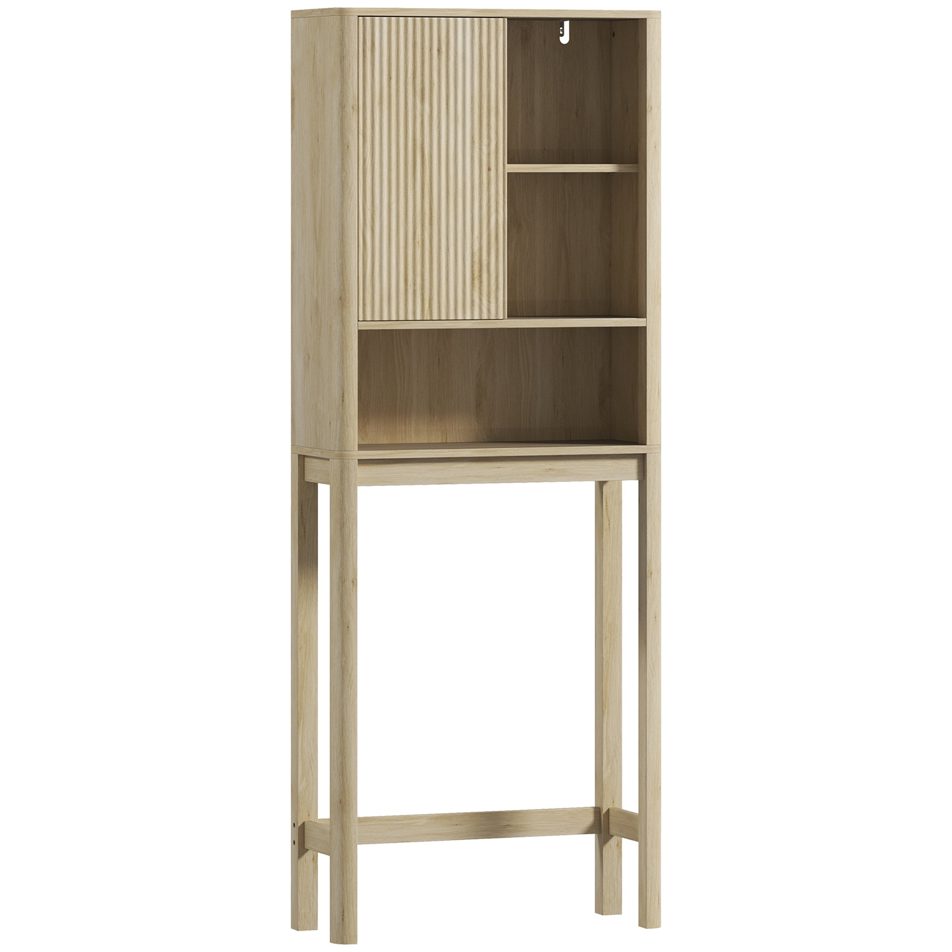 Over the Toilet Storage Cabinet Bathroom Storage Cabinet with Sliding Door, Compartments, and Adjustable Shelf, 65 x 25 x 170 cm, Natural Wood