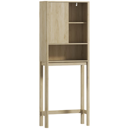 Over the Toilet Storage Cabinet Bathroom Storage Cabinet with Sliding Door, Compartments, and Adjustable Shelf, 65 x 25 x 170 cm, Natural Wood