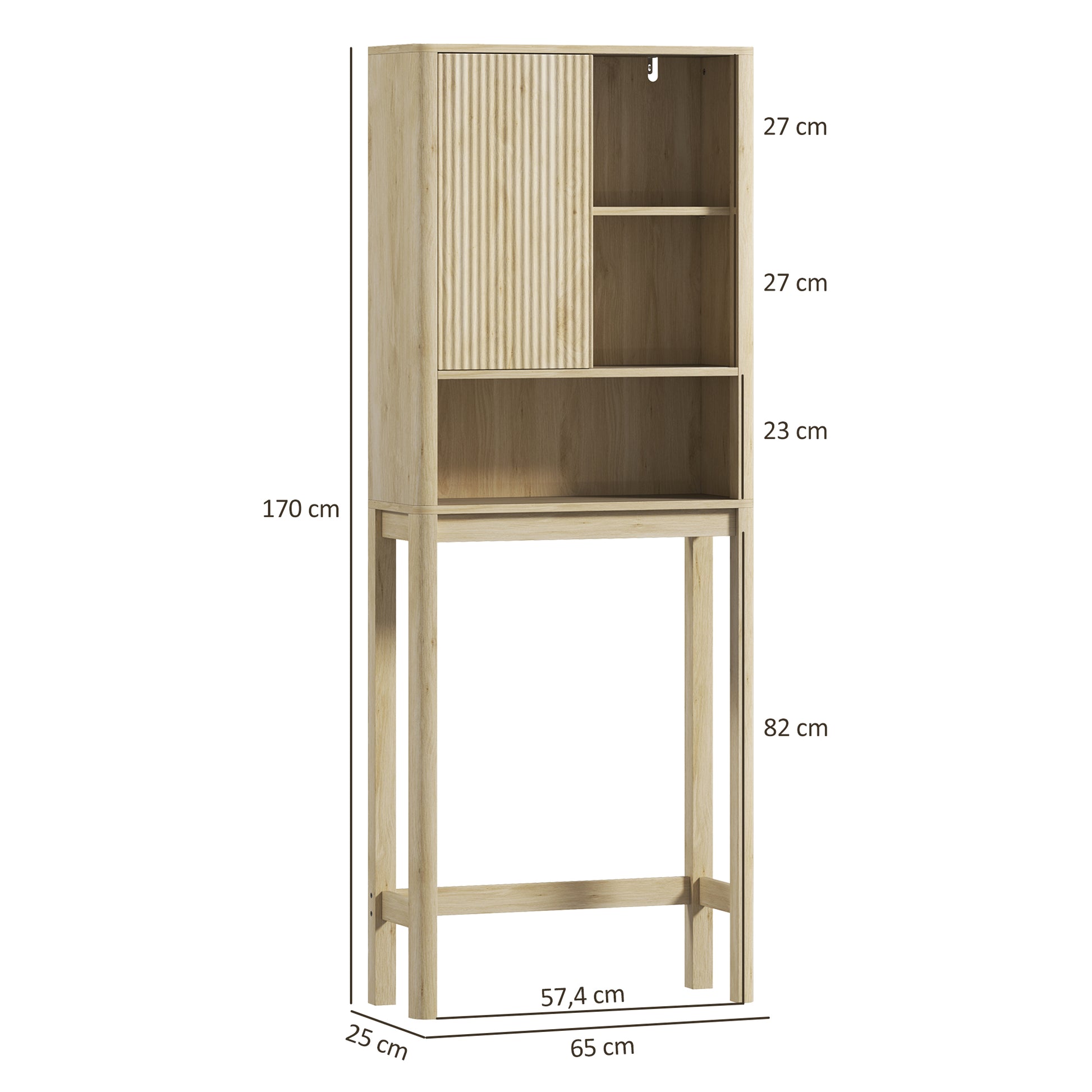 Over the Toilet Storage Cabinet Bathroom Storage Cabinet with Sliding Door, Compartments, and Adjustable Shelf, 65 x 25 x 170 cm, Natural Wood