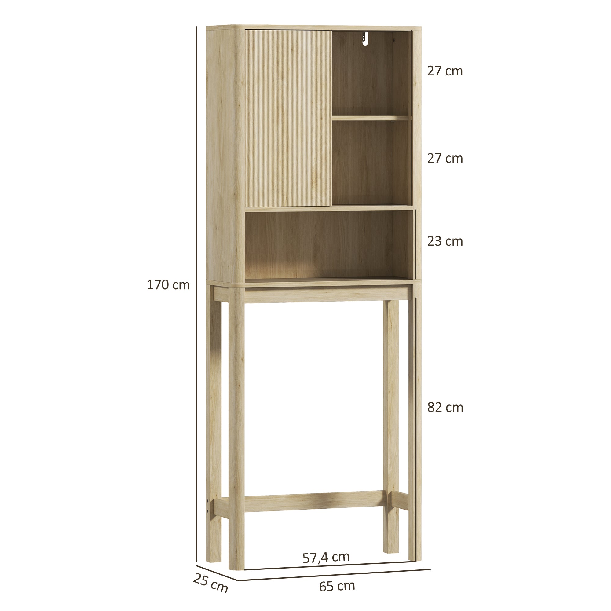 Over the Toilet Storage Cabinet Bathroom Storage Cabinet with Sliding Door, Compartments, and Adjustable Shelf, 65 x 25 x 170 cm, Natural Wood