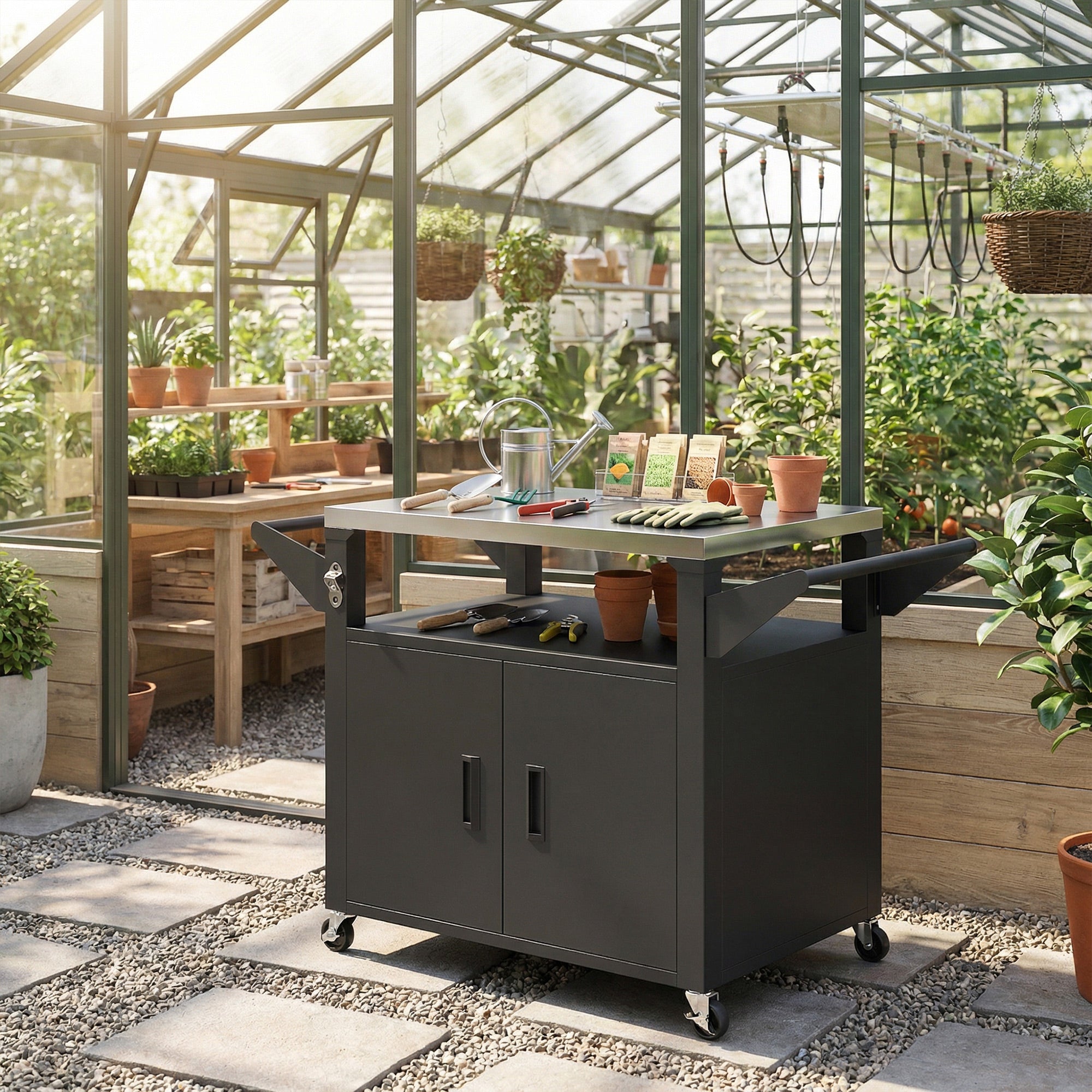 Kitchen Cart with Wheels, Serving Trolley with Cabinet, Handles, Kitchen Helper — BBQ Grill Table with Stainless Steel Top, 46.1 x 21.7 x 30.7 in, Black