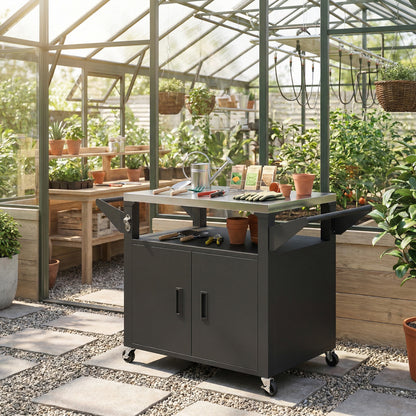 Kitchen Cart with Wheels, Serving Trolley with Cabinet, Handles, Kitchen Helper — BBQ Grill Table with Stainless Steel Top, 46.1 x 21.7 x 30.7 in, Black