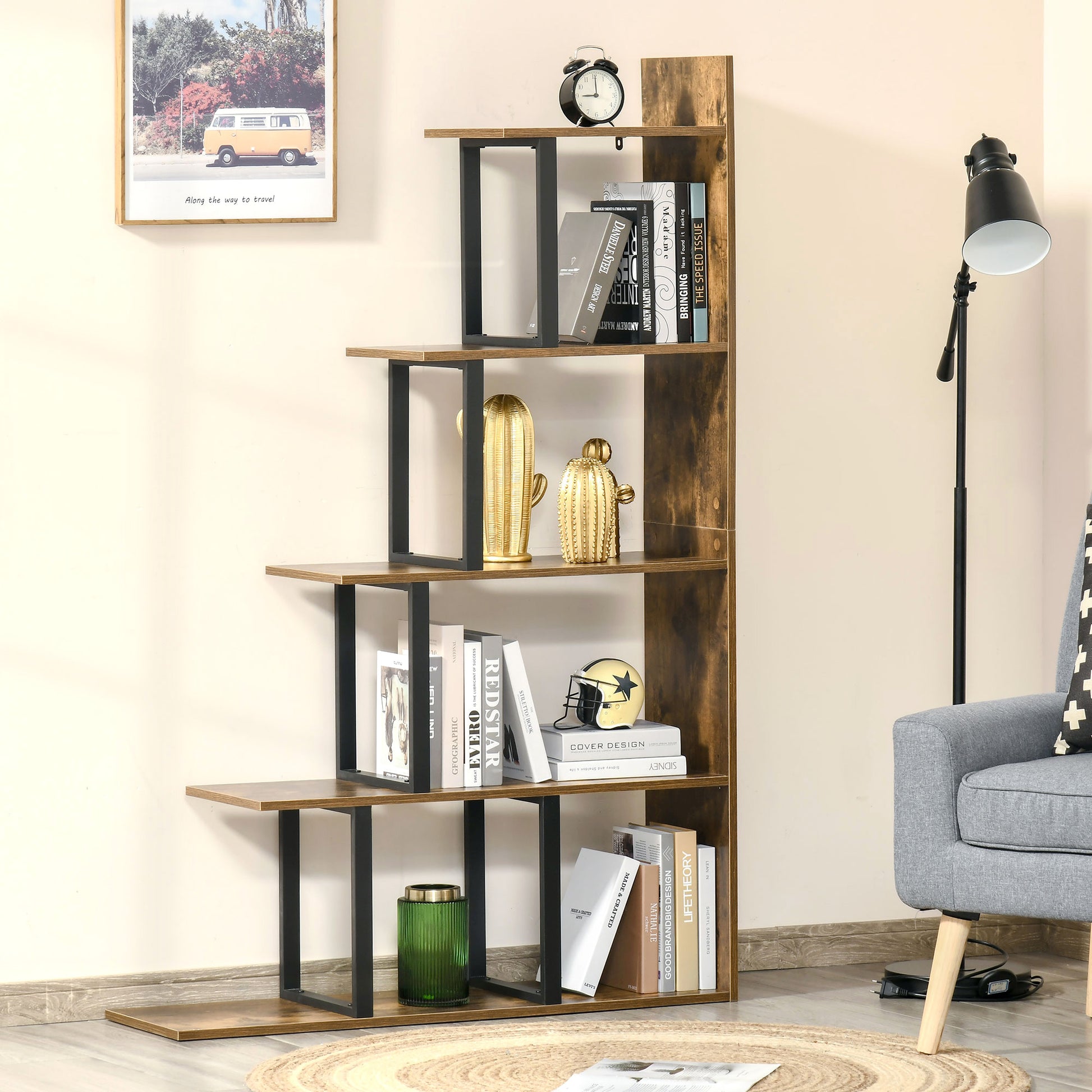 Industrial Style Staircase 5-Shelf Bookcase Room Divider 102 x 30 x 160 cm Rustic Brown