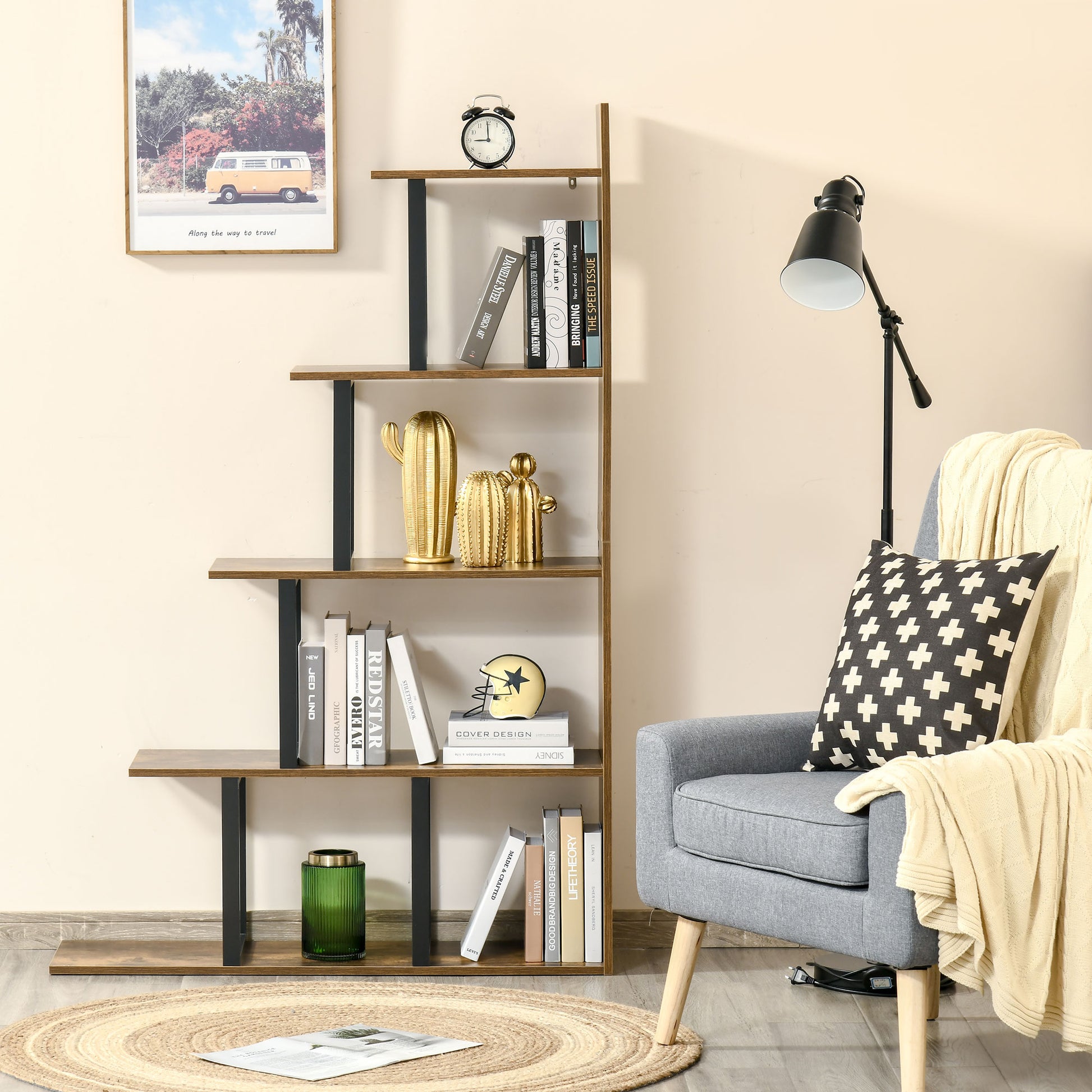 Industrial Style Staircase 5-Shelf Bookcase Room Divider 102 x 30 x 160 cm Rustic Brown
