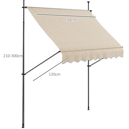 Freestanding Manual Retractable Awning 2.5L x 1.2W x 2.1-3H m Adjustable Tilt for Balcony without Drilling Holes Aluminum Metal Polyester Sand