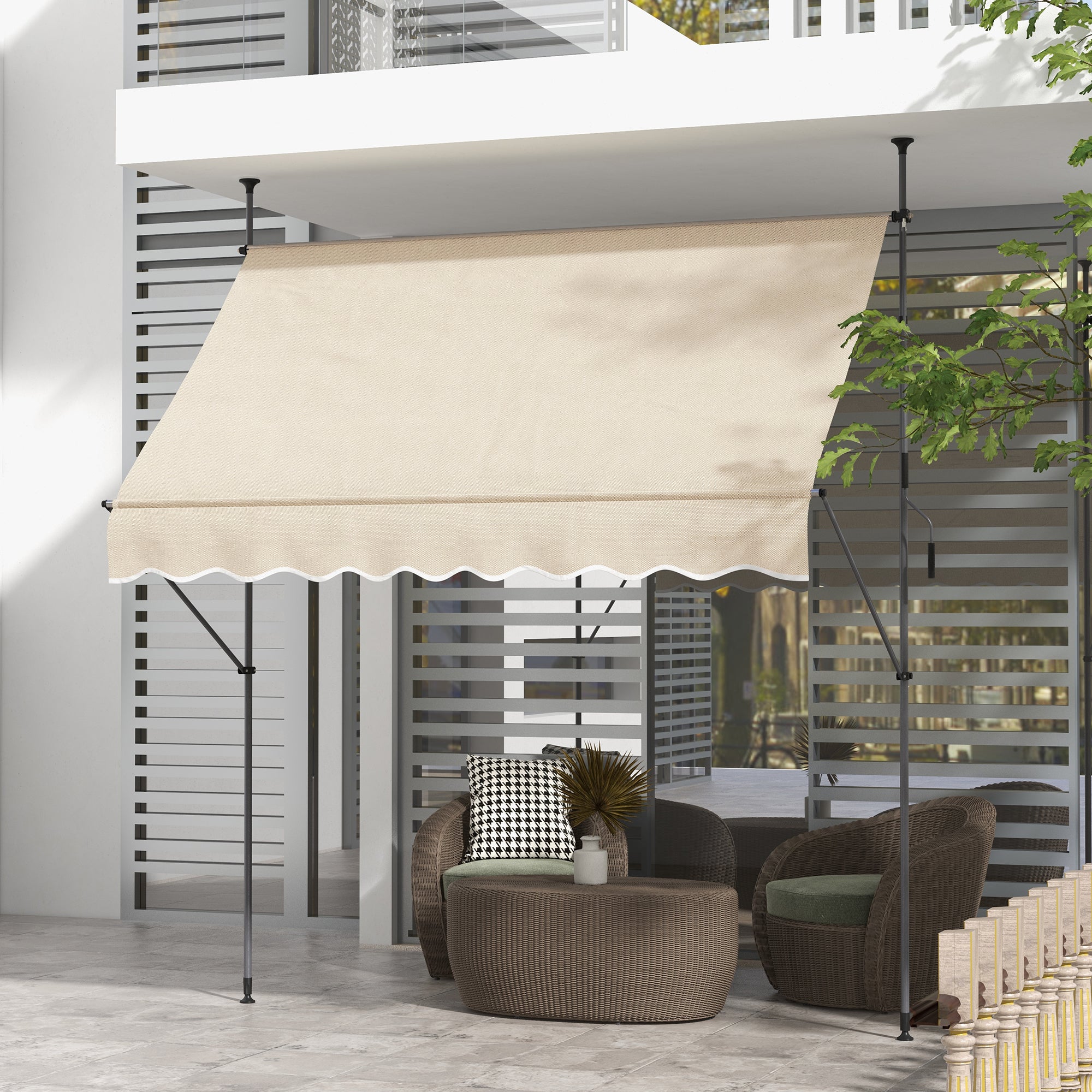 Freestanding Manual Retractable Awning 2.5L x 1.2W x 2.1-3H m Adjustable Tilt for Balcony without Drilling Holes Aluminum Metal Polyester Sand