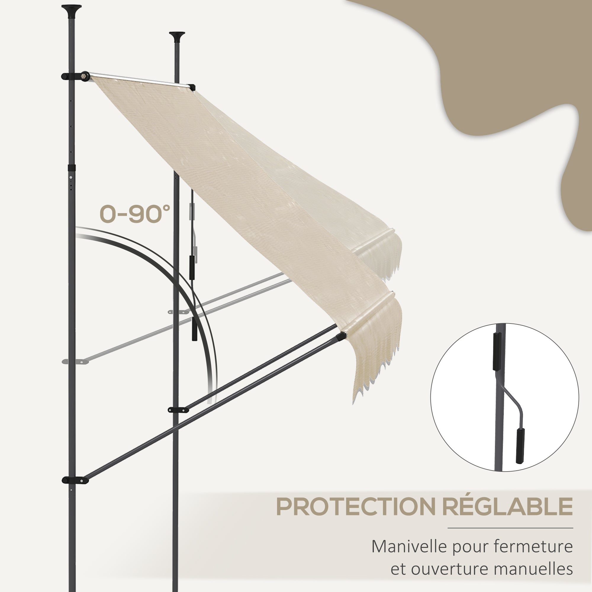 Freestanding Manual Retractable Awning 2.5L x 1.2W x 2.1-3H m Adjustable Tilt for Balcony without Drilling Holes Aluminum Metal Polyester Sand