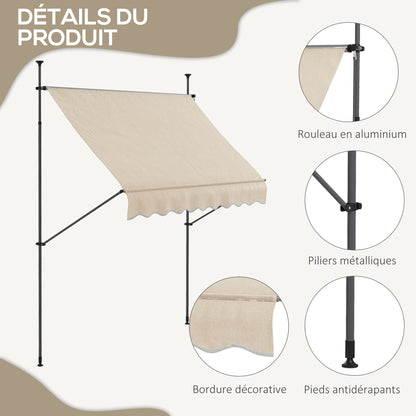 Freestanding Manual Retractable Awning 2.5L x 1.2W x 2.1-3H m Adjustable Tilt for Balcony without Drilling Holes Aluminum Metal Polyester Sand