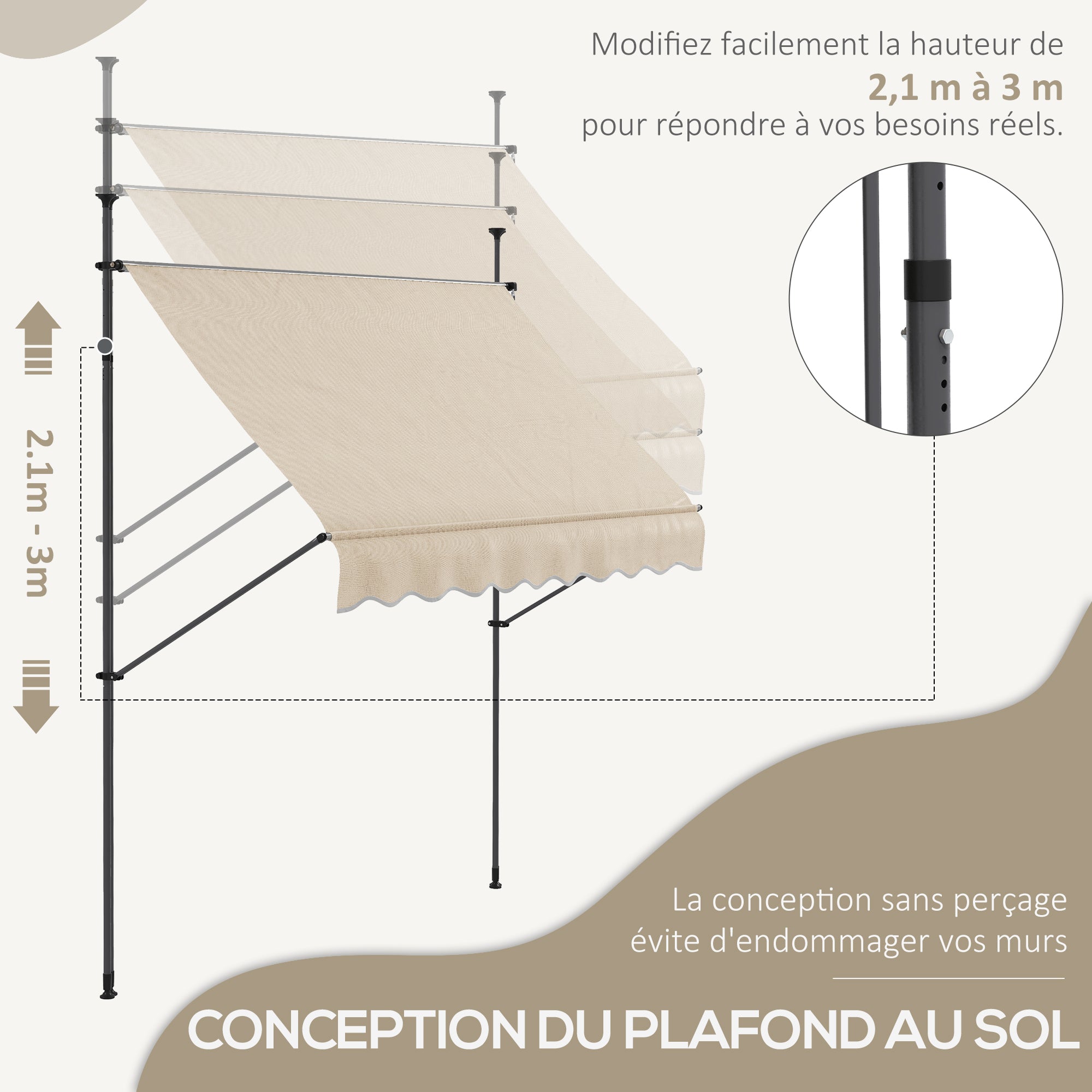 Freestanding Manual Retractable Awning 2.5L x 1.2W x 2.1-3H m Adjustable Tilt for Balcony without Drilling Holes Aluminum Metal Polyester Sand