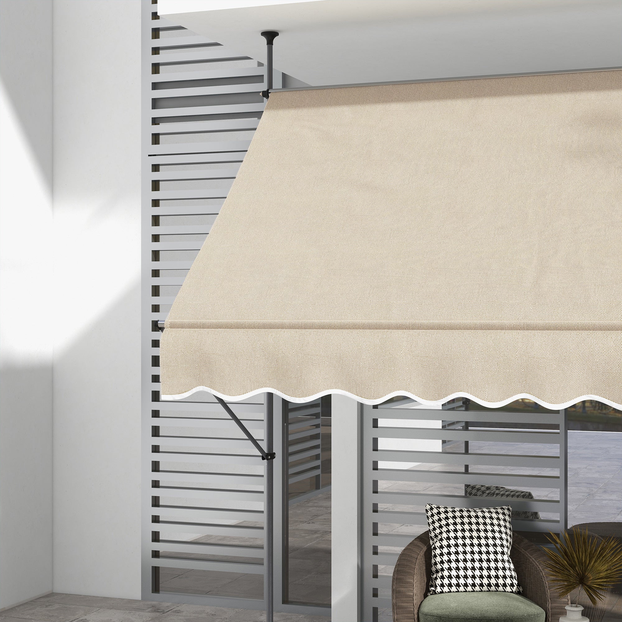 Freestanding Manual Retractable Awning 2.5L x 1.2W x 2.1-3H m Adjustable Tilt for Balcony without Drilling Holes Aluminum Metal Polyester Sand