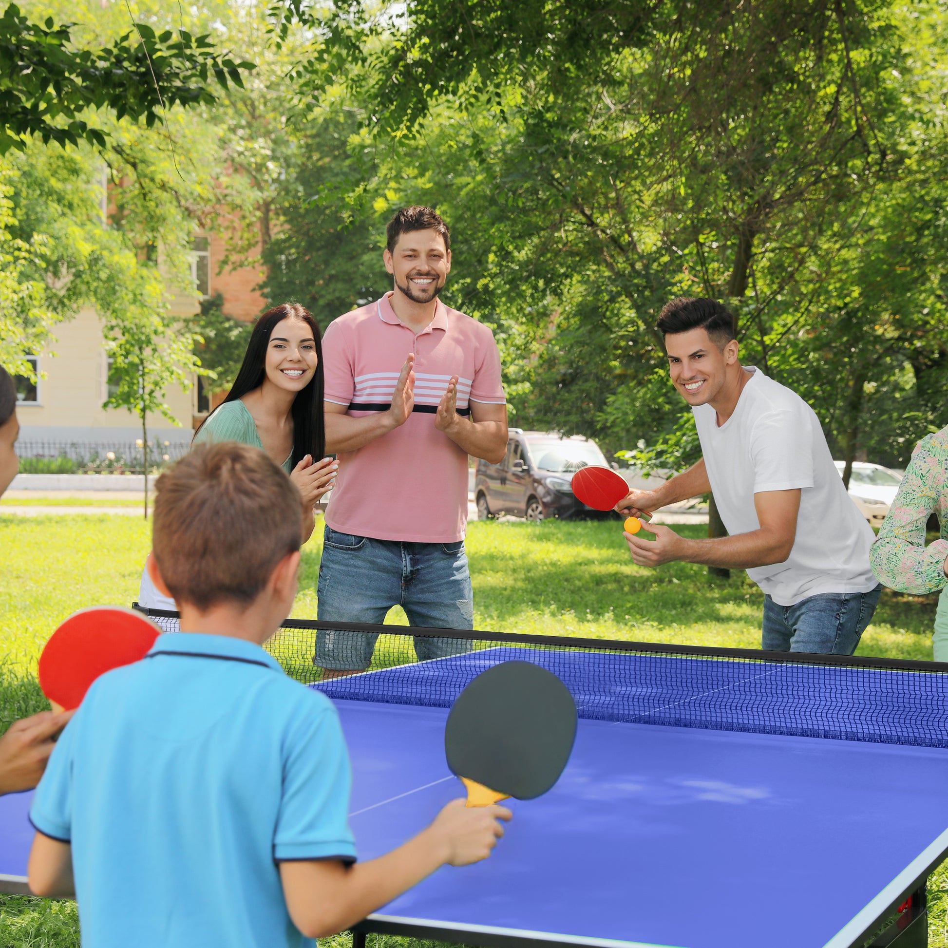 SPORTNOW Quarter-Folding Table Tennis Table with Table Tennis Net, 2 Paddles, 3 Balls, for Indoor 274 x 152.5 x 76 cm Blue