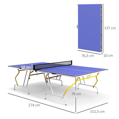 SPORTNOW Quarter-Folding Table Tennis Table with Table Tennis Net, 2 Paddles, 3 Balls, for Indoor 274 x 152.5 x 76 cm Blue