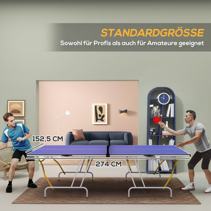 SPORTNOW Quarter-Folding Table Tennis Table with Table Tennis Net, 2 Paddles, 3 Balls, for Indoor 274 x 152.5 x 76 cm Blue