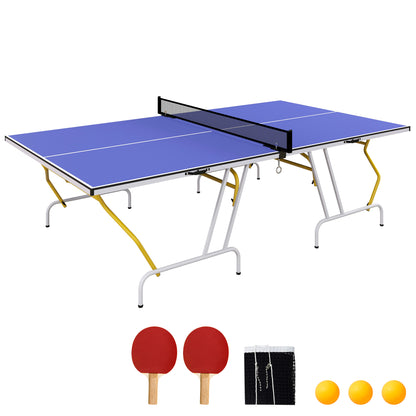 SPORTNOW Quarter-Folding Table Tennis Table with Table Tennis Net, 2 Paddles, 3 Balls, for Indoor 274 x 152.5 x 76 cm Blue