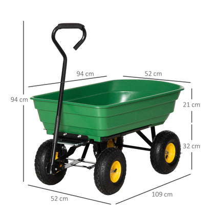 Garden Dump Cart - 75 L Capacity 200 kg Load Transport Cart Beach Cart with Steel Frame and 4 Air-Filled Wheels Green