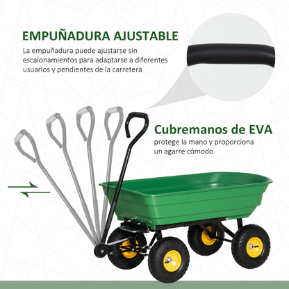 Garden Dump Cart - 75 L Capacity 200 kg Load Transport Cart Beach Cart with Steel Frame and 4 Air-Filled Wheels Green