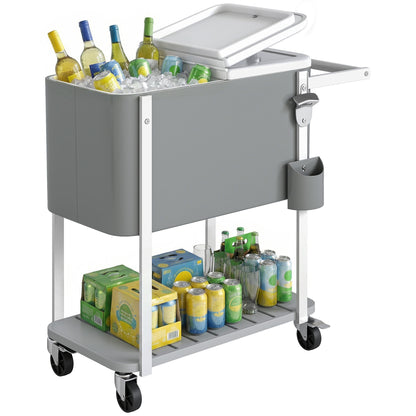 56L Wheeled Cooler Cart with Shelf, Bottle Opener, Cap Catcher, Drain & Handle — Outdoor Patio Party BBQ Cooler, 84 × 38 × 83 cm, Gray