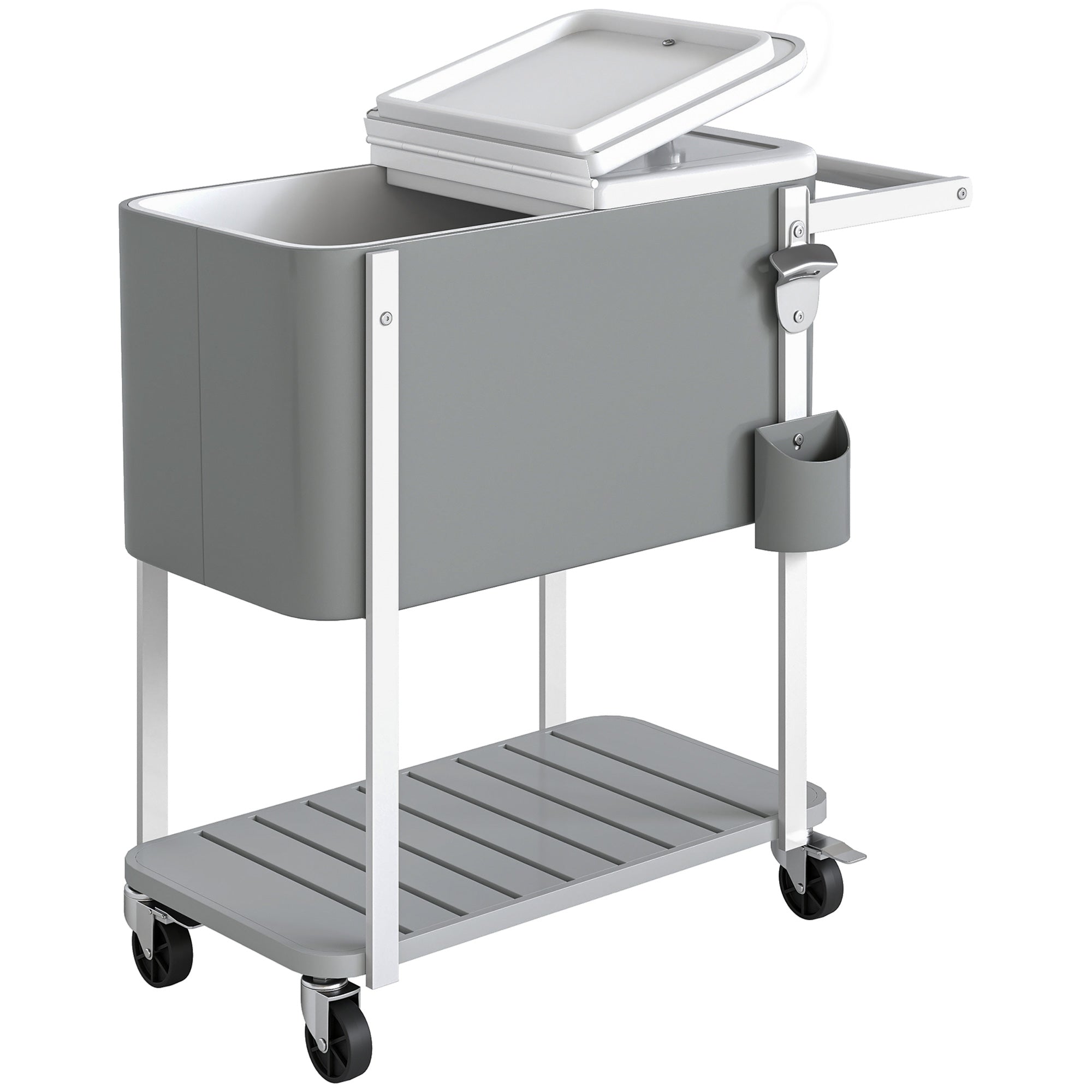 56L Wheeled Cooler Cart with Shelf, Bottle Opener, Cap Catcher, Drain & Handle — Outdoor Patio Party BBQ Cooler, 84 × 38 × 83 cm, Gray