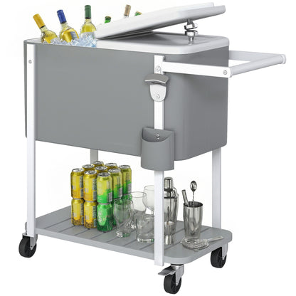 56L Wheeled Cooler Cart with Shelf, Bottle Opener, Cap Catcher, Drain & Handle — Outdoor Patio Party BBQ Cooler, 84 × 38 × 83 cm, Gray