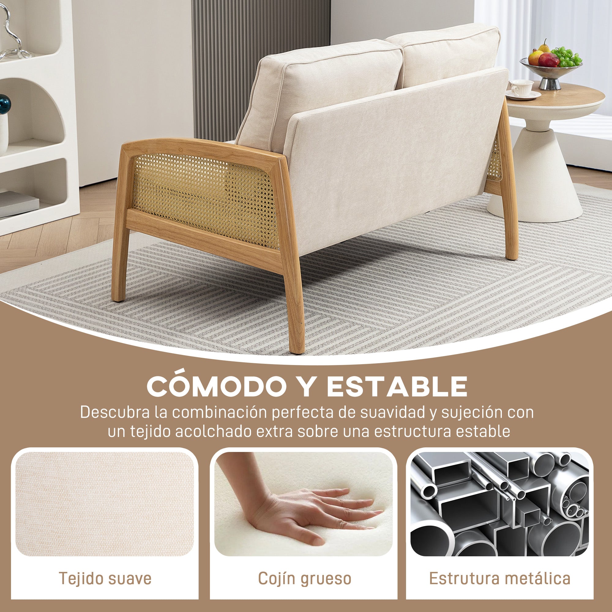 2-Seater Sofa Upholstered in Chenille Living Room Sofa with 2 Washable Pillows and Synthetic Rattan Armrests Load Capacity 240 kg 123x75x88 cm Beige