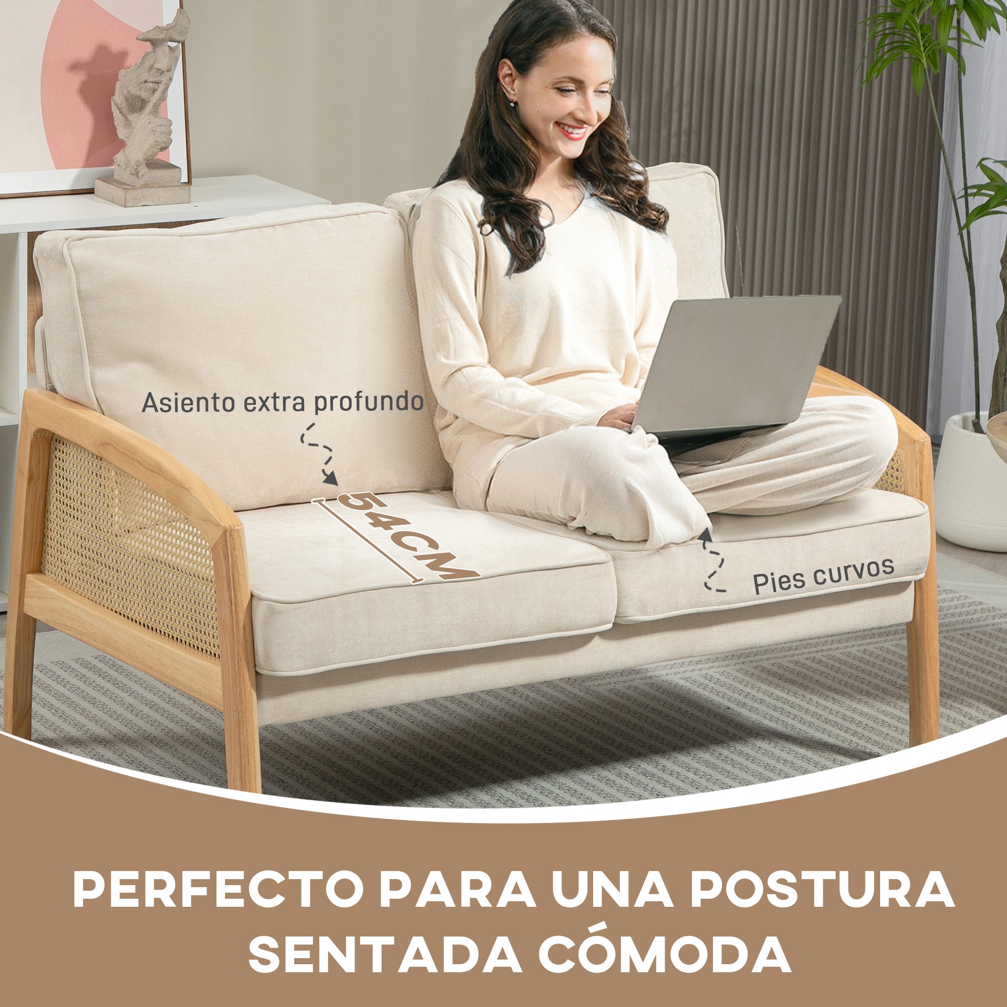 2-Seater Sofa Upholstered in Chenille Living Room Sofa with 2 Washable Pillows and Synthetic Rattan Armrests Load Capacity 240 kg 123x75x88 cm Beige