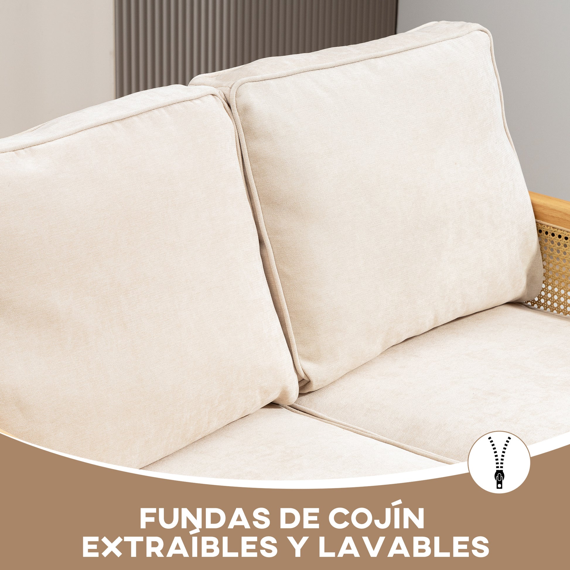 2-Seater Sofa Upholstered in Chenille Living Room Sofa with 2 Washable Pillows and Synthetic Rattan Armrests Load Capacity 240 kg 123x75x88 cm Beige