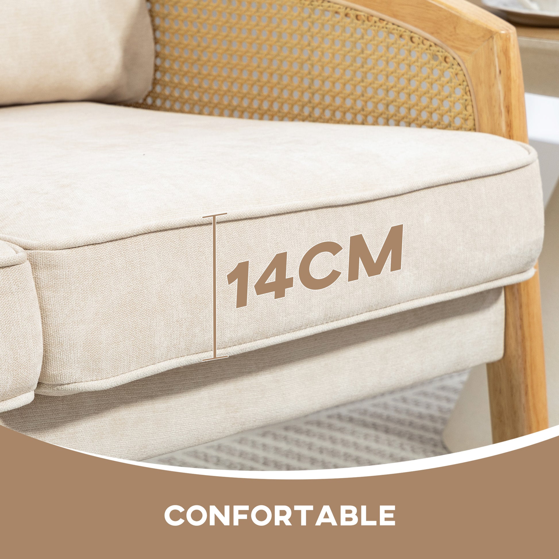 2-Seater Sofa Upholstered in Chenille Living Room Sofa with 2 Washable Pillows and Synthetic Rattan Armrests Load Capacity 240 kg 123x75x88 cm Beige