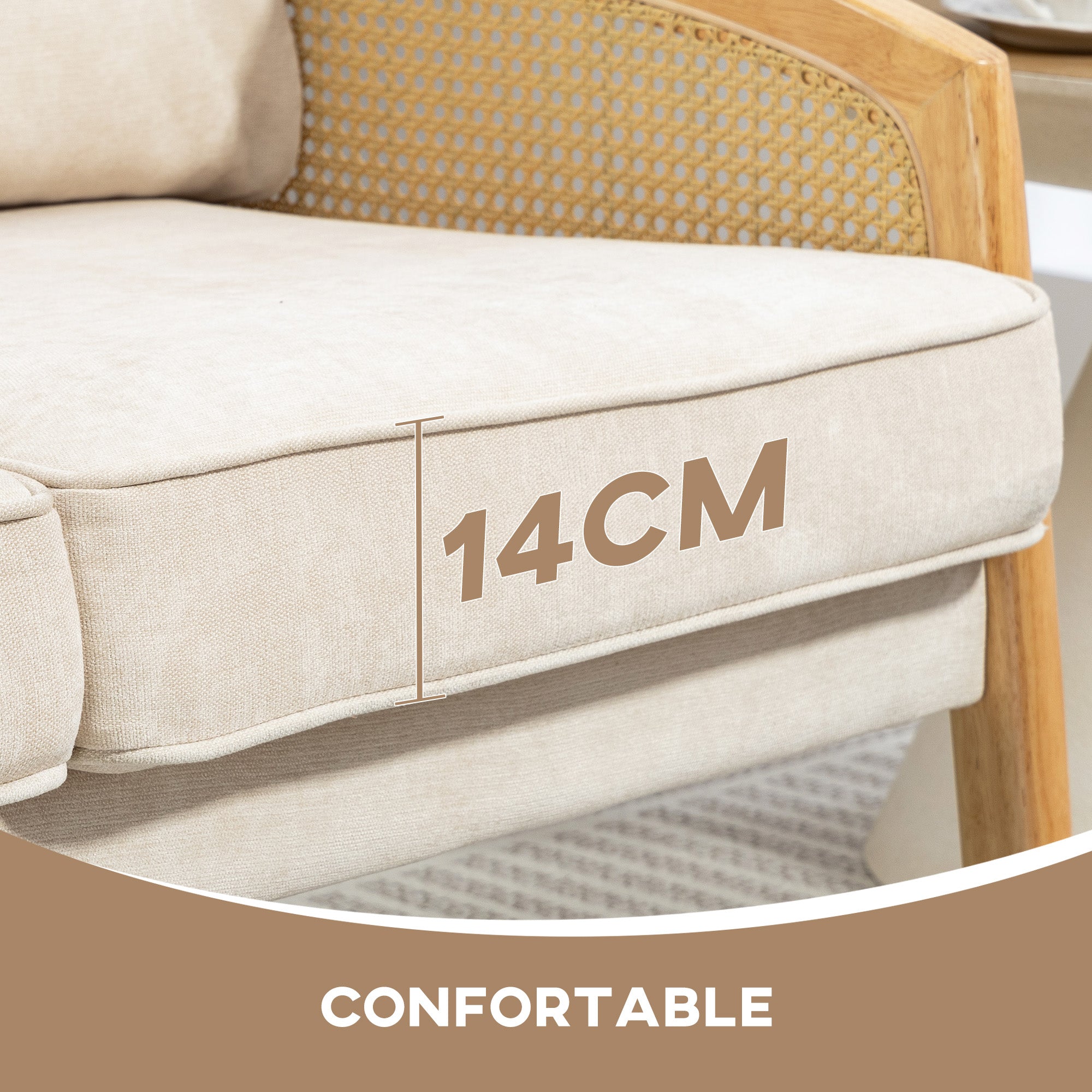 2-Seater Sofa Upholstered in Chenille Living Room Sofa with 2 Washable Pillows and Synthetic Rattan Armrests Load Capacity 240 kg 123x75x88 cm Beige