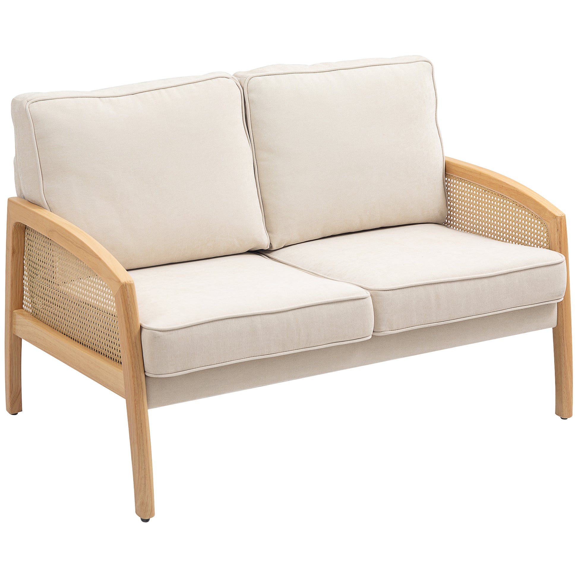 2-Seater Sofa Upholstered in Chenille Living Room Sofa with 2 Washable Pillows and Synthetic Rattan Armrests Load Capacity 240 kg 123x75x88 cm Beige