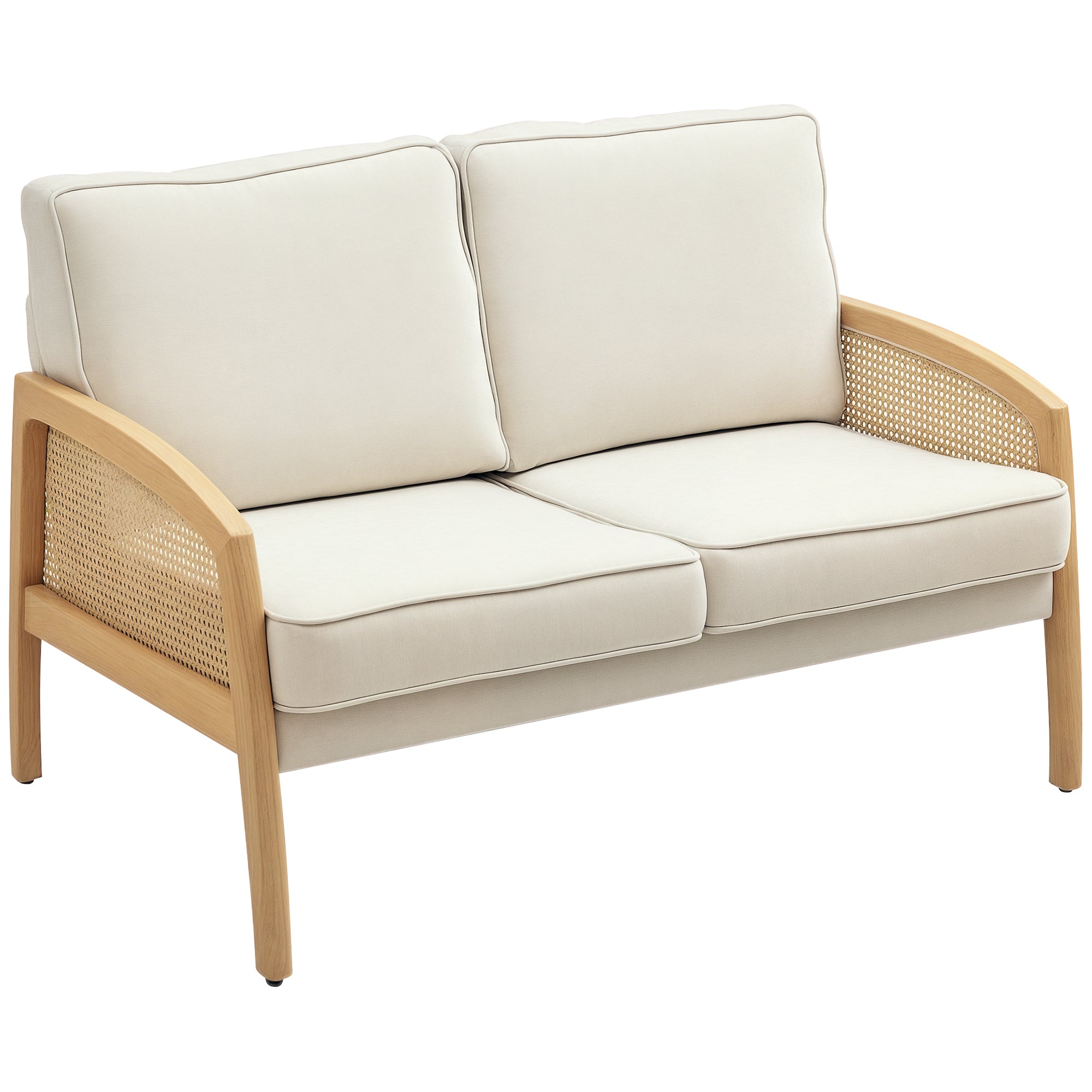 2-Seater Sofa Upholstered in Chenille Living Room Sofa with 2 Washable Pillows and Synthetic Rattan Armrests Load Capacity 240 kg 123x75x88 cm Beige
