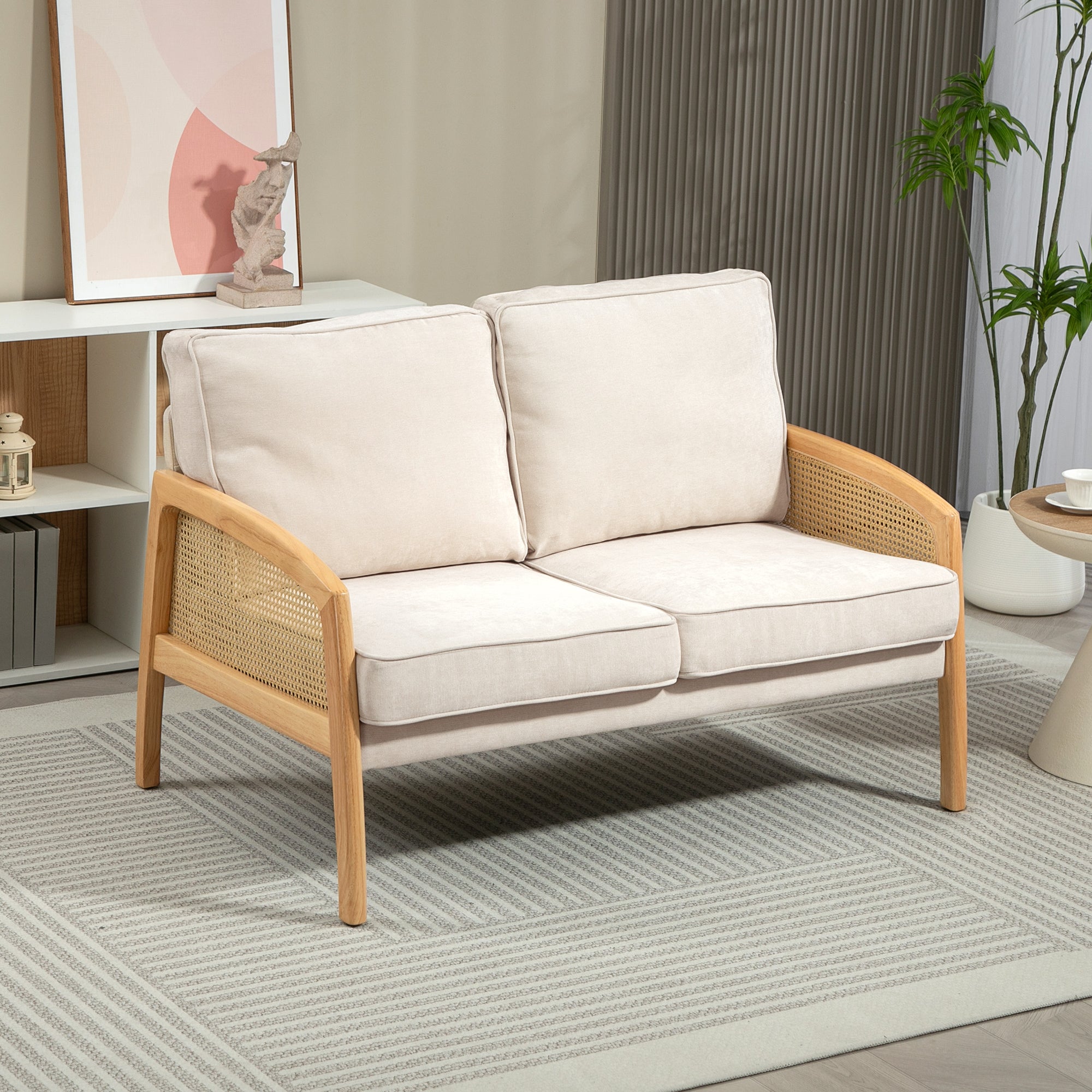 2-Seater Sofa Upholstered in Chenille Living Room Sofa with 2 Washable Pillows and Synthetic Rattan Armrests Load Capacity 240 kg 123x75x88 cm Beige