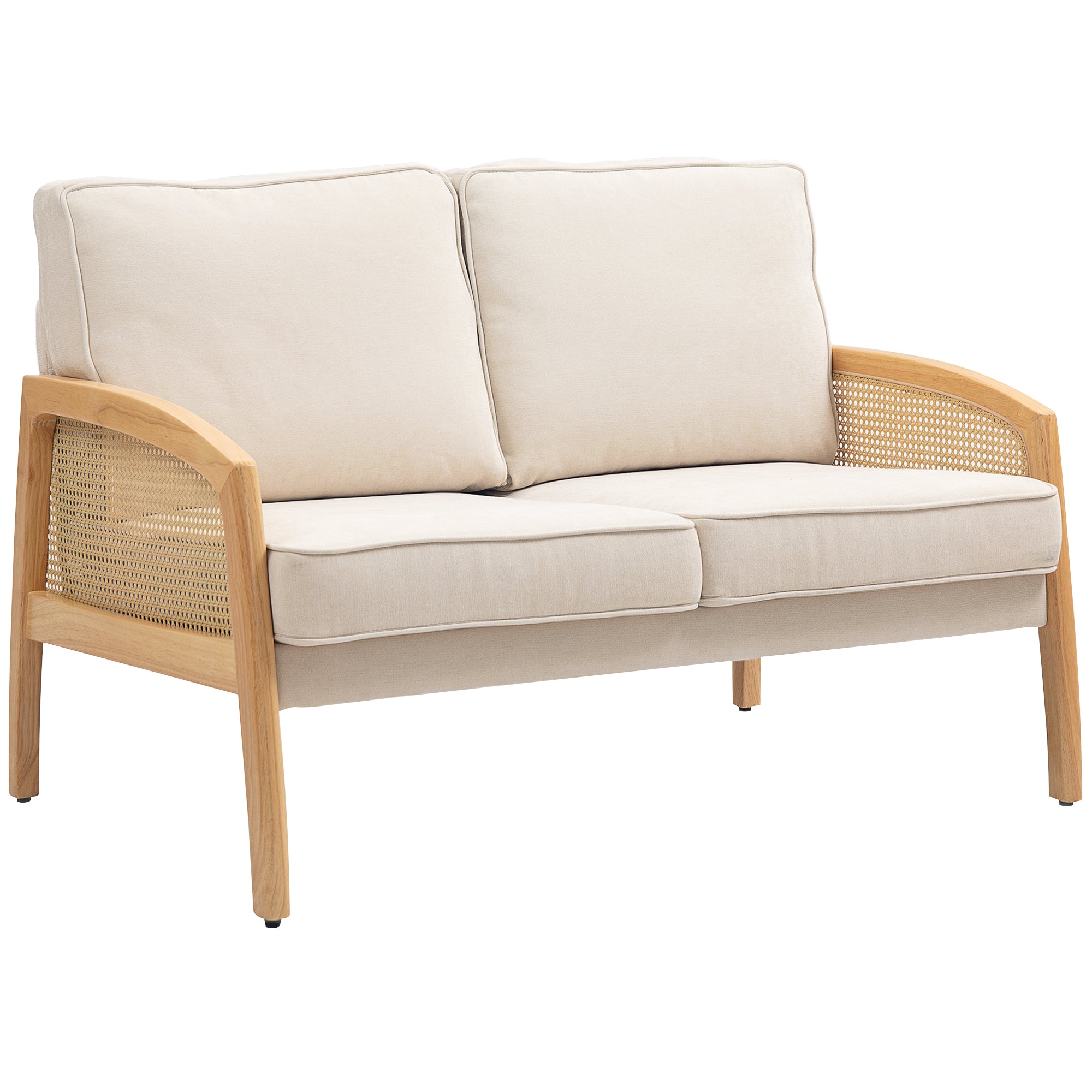 2-Seater Sofa Upholstered in Chenille Living Room Sofa with 2 Washable Pillows and Synthetic Rattan Armrests Load Capacity 240 kg 123x75x88 cm Beige