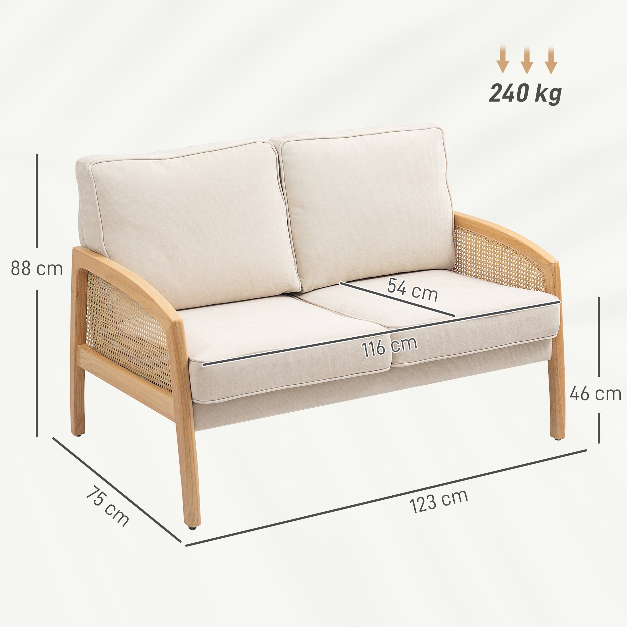 2-Seater Sofa Upholstered in Chenille Living Room Sofa with 2 Washable Pillows and Synthetic Rattan Armrests Load Capacity 240 kg 123x75x88 cm Beige