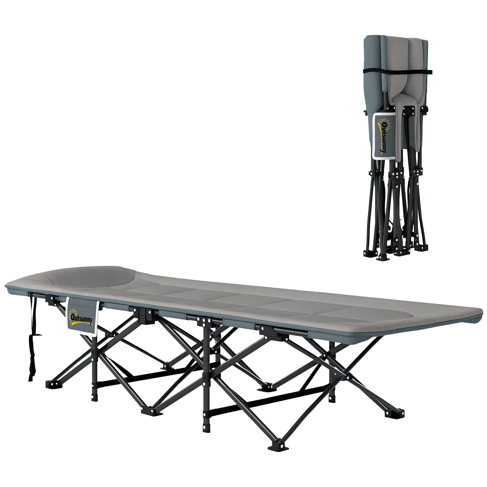 Foldable Camping Cot with Mattress Pillow Side Pocket 187 x 67 x 37 cm Guest Bed up to 150 kg Camping Cot for Adults Folding Bed for Outdoor, Garden Camping Travel Gray