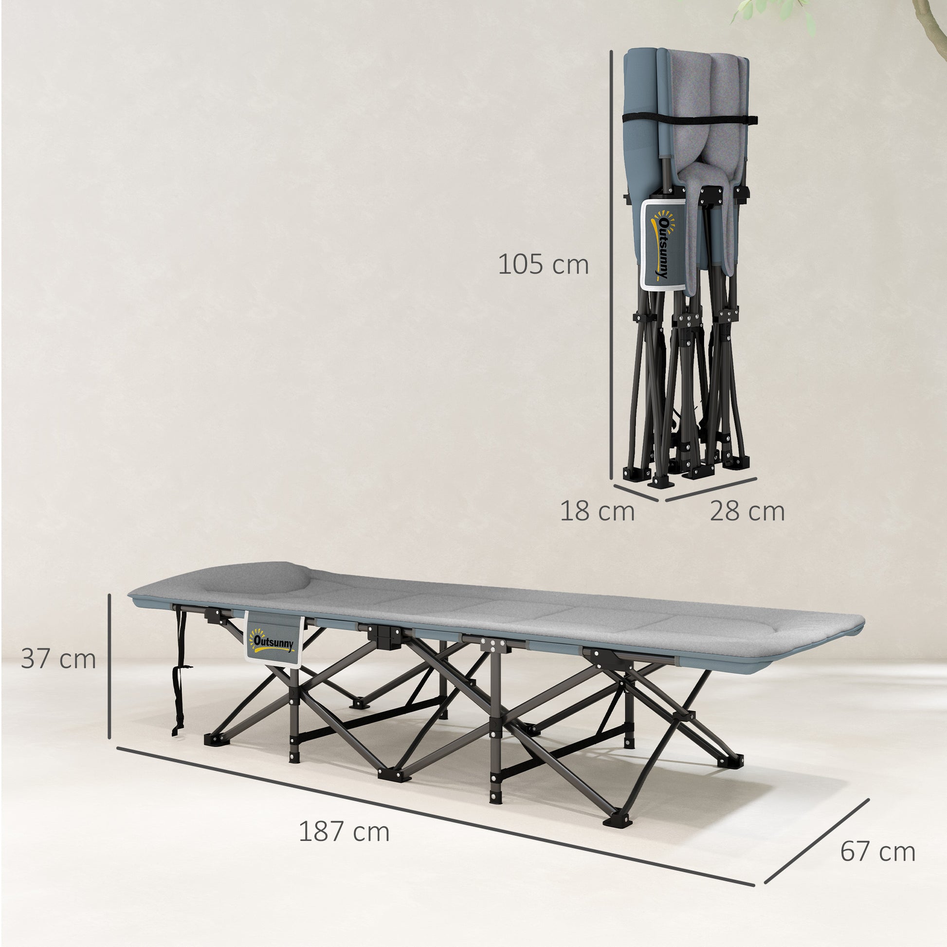 Foldable Camping Cot with Mattress Pillow Side Pocket 187 x 67 x 37 cm Guest Bed up to 150 kg Camping Cot for Adults Folding Bed for Outdoor, Garden Camping Travel Gray