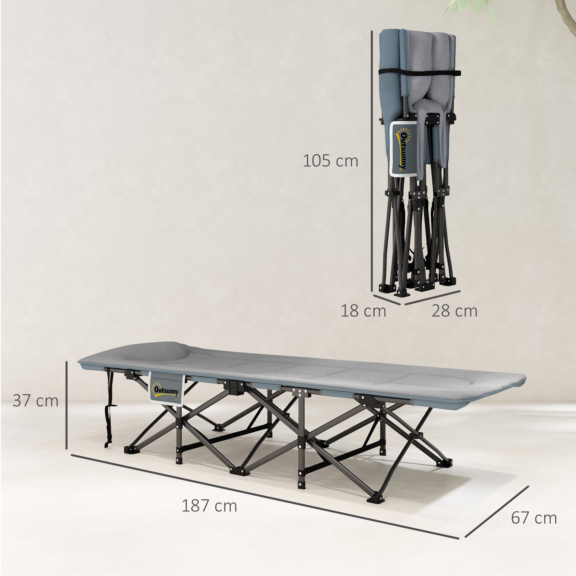 Foldable Camping Cot with Mattress Pillow Side Pocket 187 x 67 x 37 cm Guest Bed up to 150 kg Camping Cot for Adults Folding Bed for Outdoor, Garden Camping Travel Gray