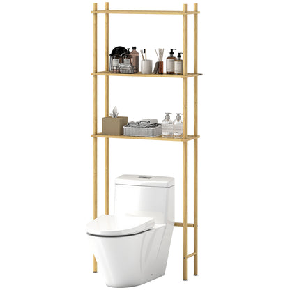 Toilet Shelf 3 Levels Bathroom Shelf with Tip-Over Protection, Space-Saving Multifunctional Shelf made of Bamboo, for Laundry Room, Country Style, Natural Wood