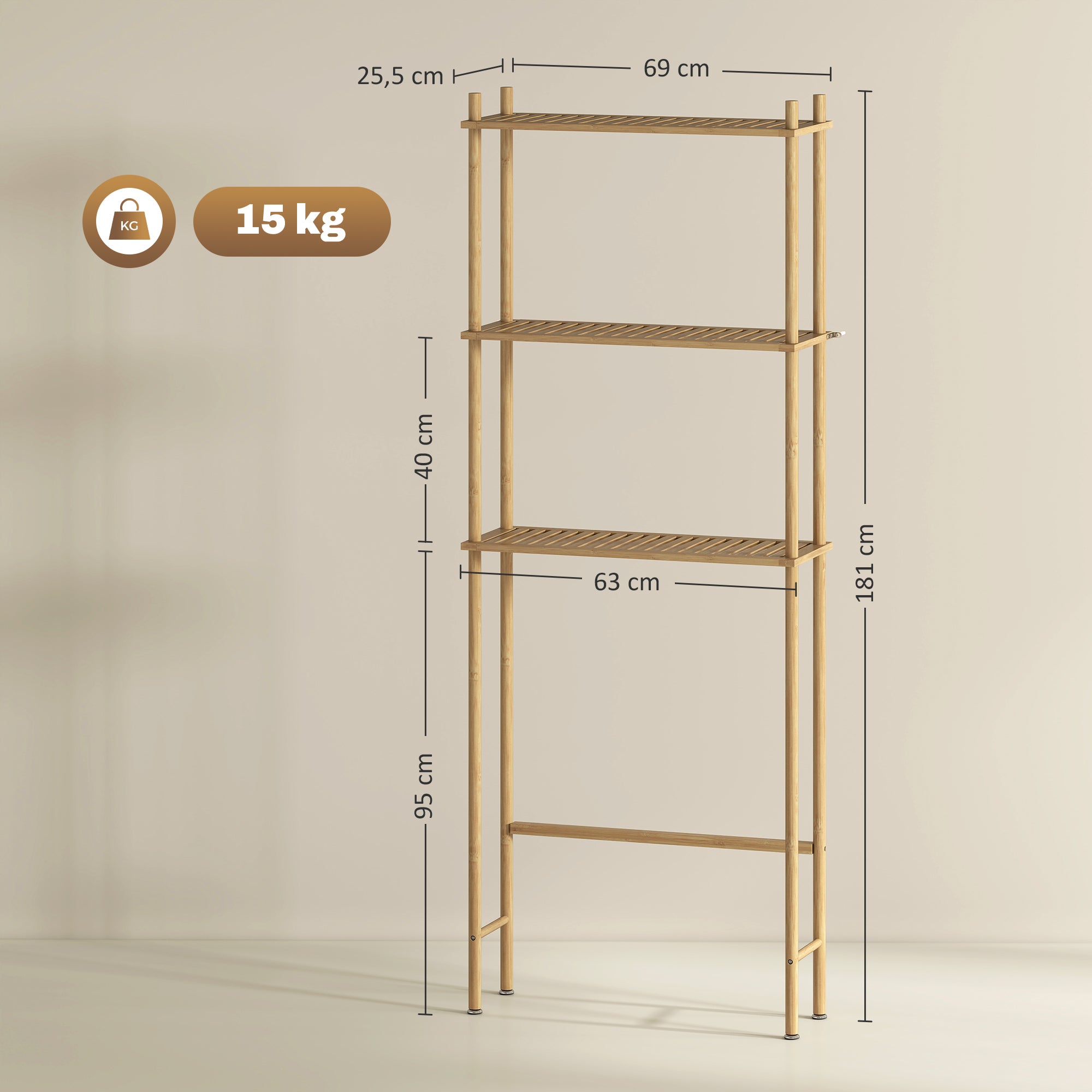 Toilet Shelf 3 Levels Bathroom Shelf with Tip-Over Protection, Space-Saving Multifunctional Shelf made of Bamboo, for Laundry Room, Country Style, Natural Wood