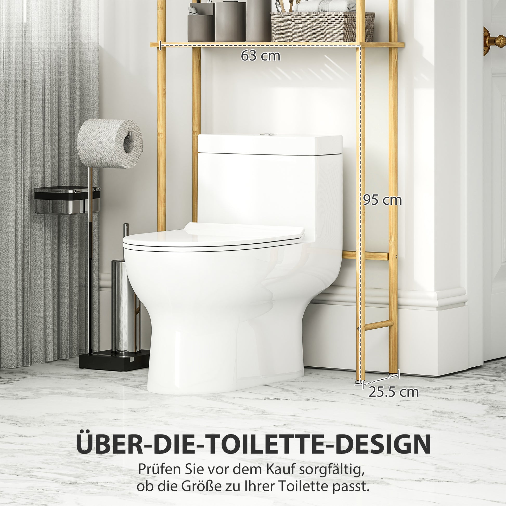 Toilet Shelf 3 Levels Bathroom Shelf with Tip-Over Protection, Space-Saving Multifunctional Shelf made of Bamboo, for Laundry Room, Country Style, Natural Wood