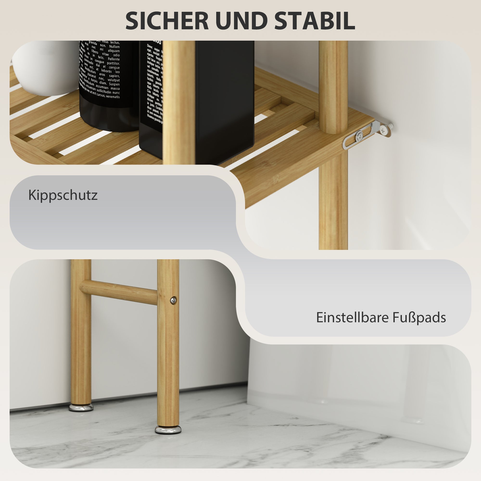Toilet Shelf 3 Levels Bathroom Shelf with Tip-Over Protection, Space-Saving Multifunctional Shelf made of Bamboo, for Laundry Room, Country Style, Natural Wood