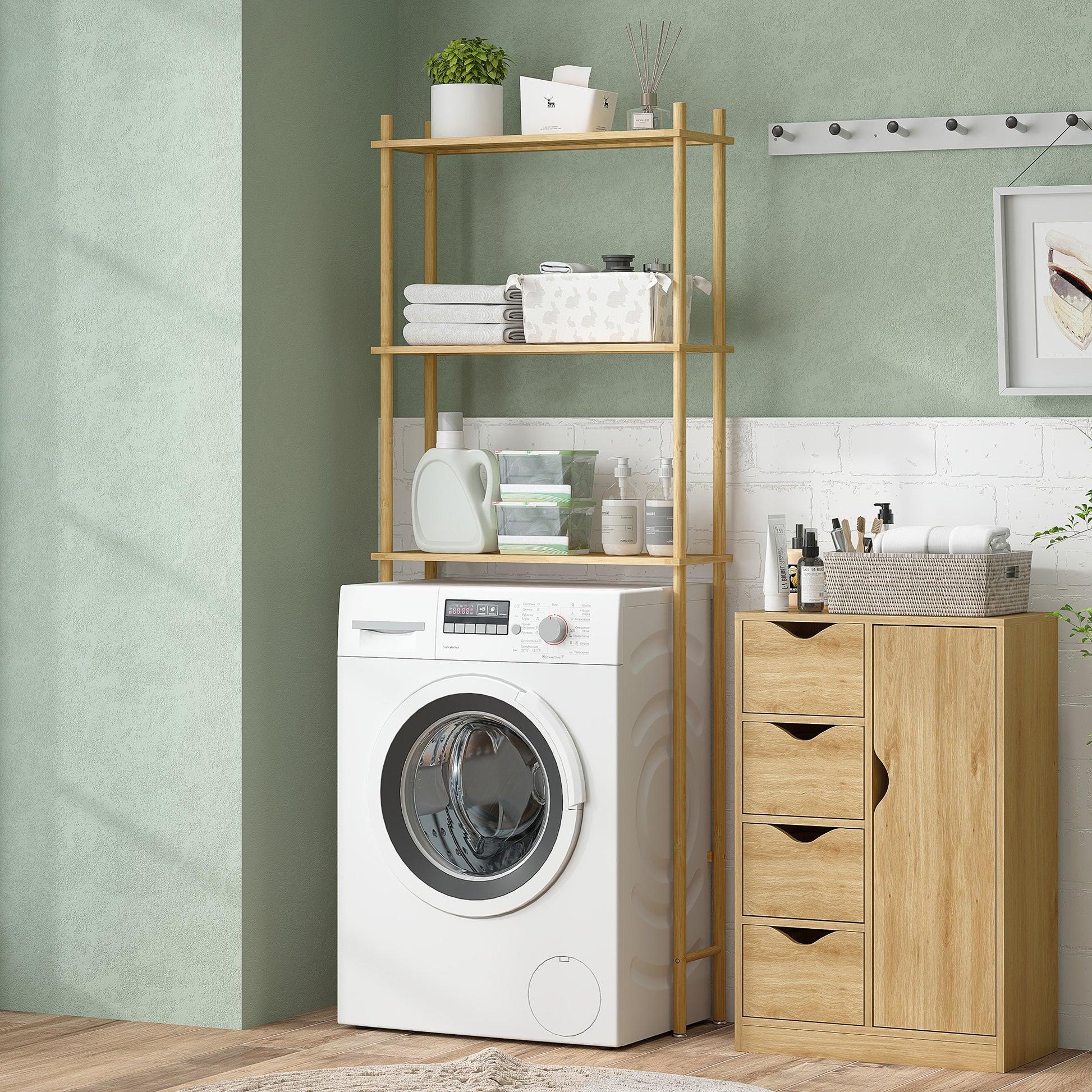 Toilet Shelf 3 Levels Bathroom Shelf with Tip-Over Protection, Space-Saving Multifunctional Shelf made of Bamboo, for Laundry Room, Country Style, Natural Wood