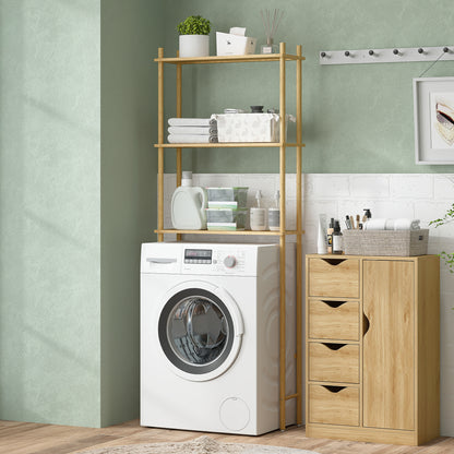 Toilet Shelf 3 Levels Bathroom Shelf with Tip-Over Protection, Space-Saving Multifunctional Shelf made of Bamboo, for Laundry Room, Country Style, Natural Wood